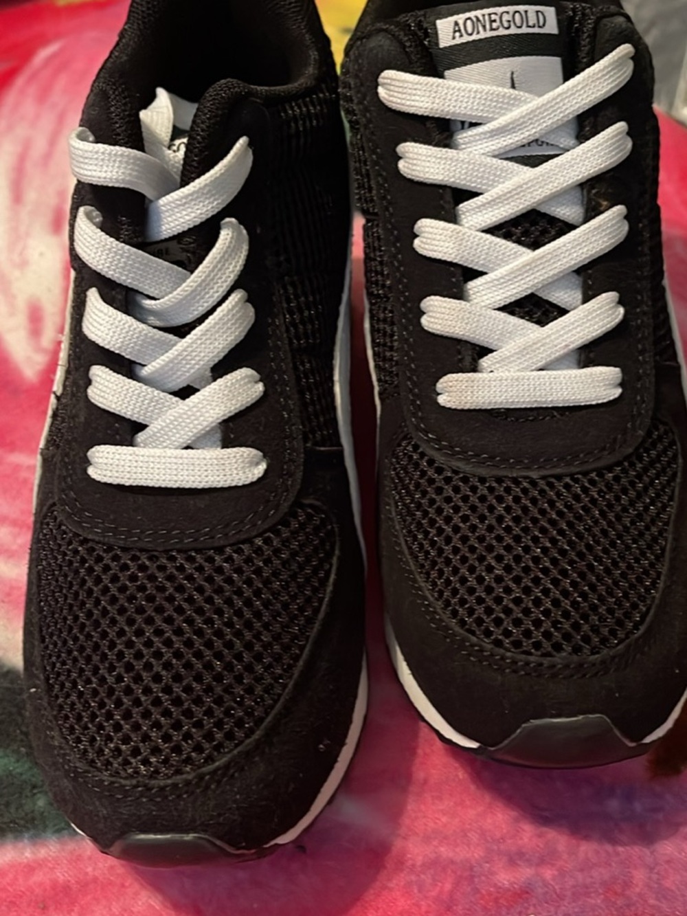 Aonegold Kids Black Mesh Athletic Sneakers with White Laces